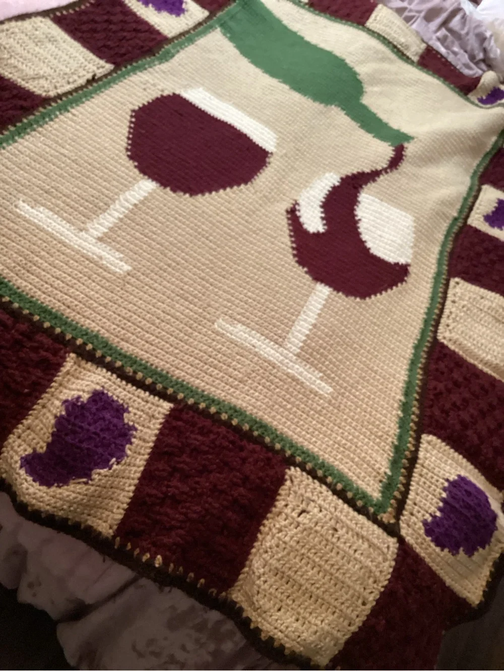 Crocheted Wine-Themed Throw Blanket in Burgundy, Cream & Green